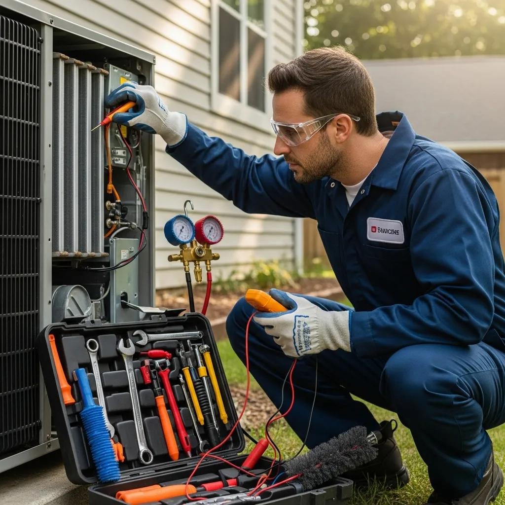HVAC technician working on air conditioning unit in a residential setting