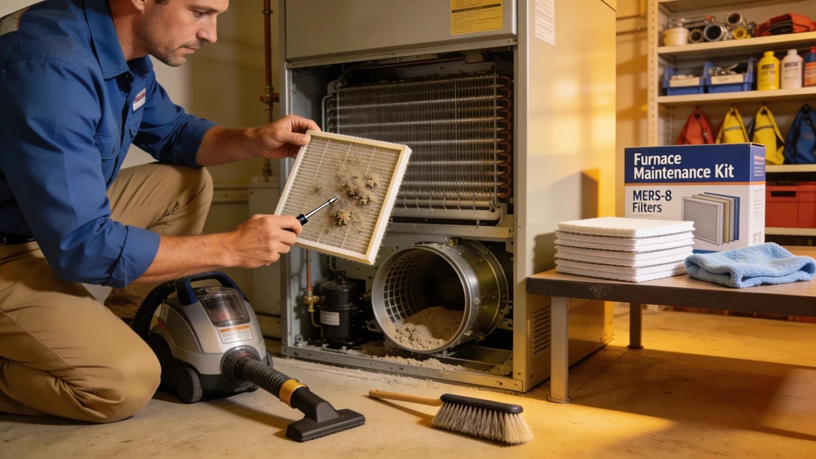 Homeowner performing routine maintenance on a furnace, checking filters and ensuring cleanliness