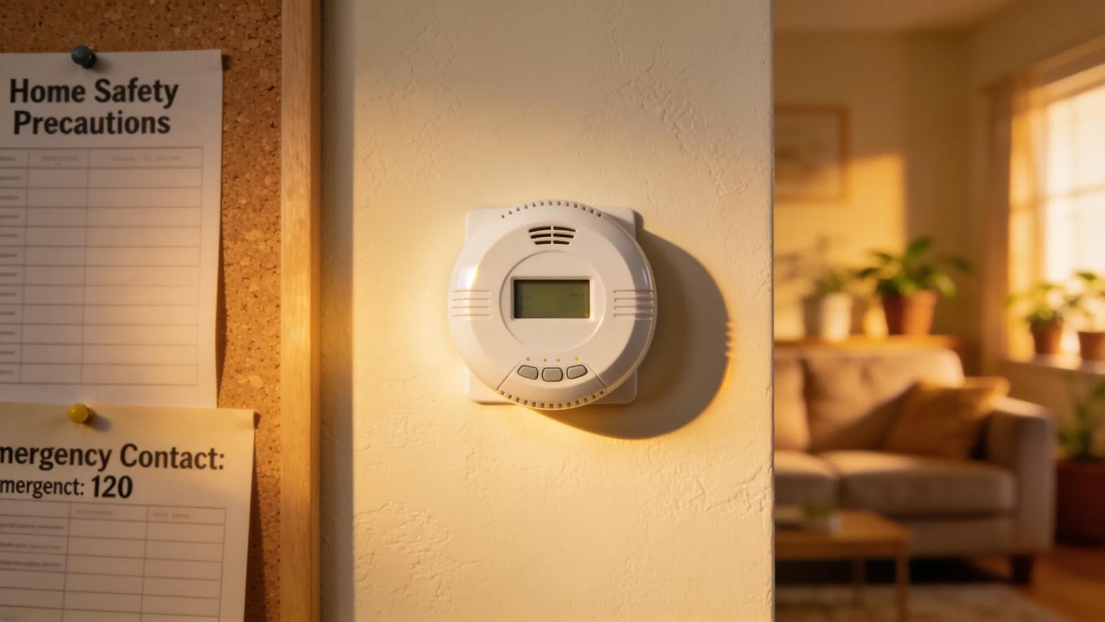 Carbon monoxide detector mounted on a wall in a warm home, emphasizing safety measures