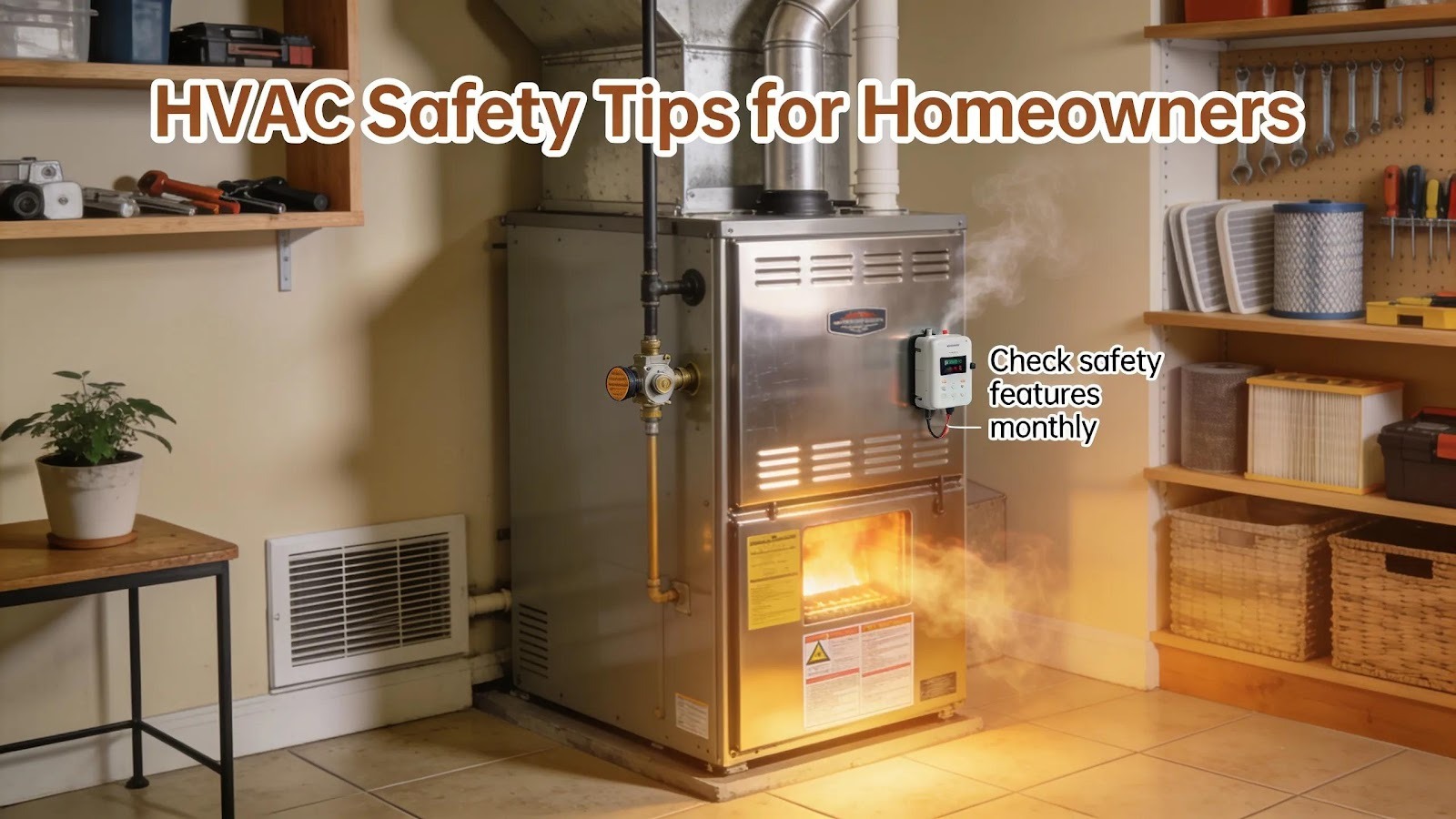 A well-maintained residential furnace showcasing safety features in a clean utility room