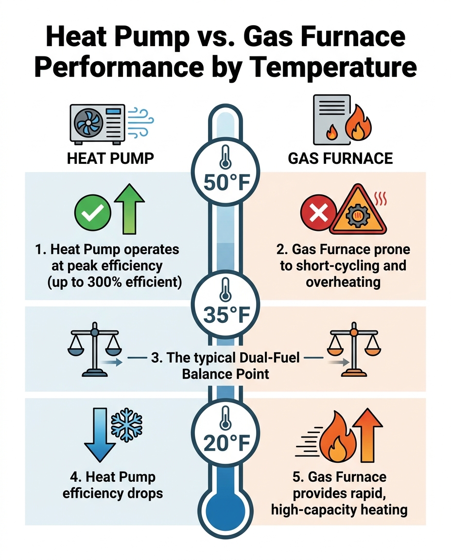 Heat Pump vs. Gas Furnace Performance by Temperature