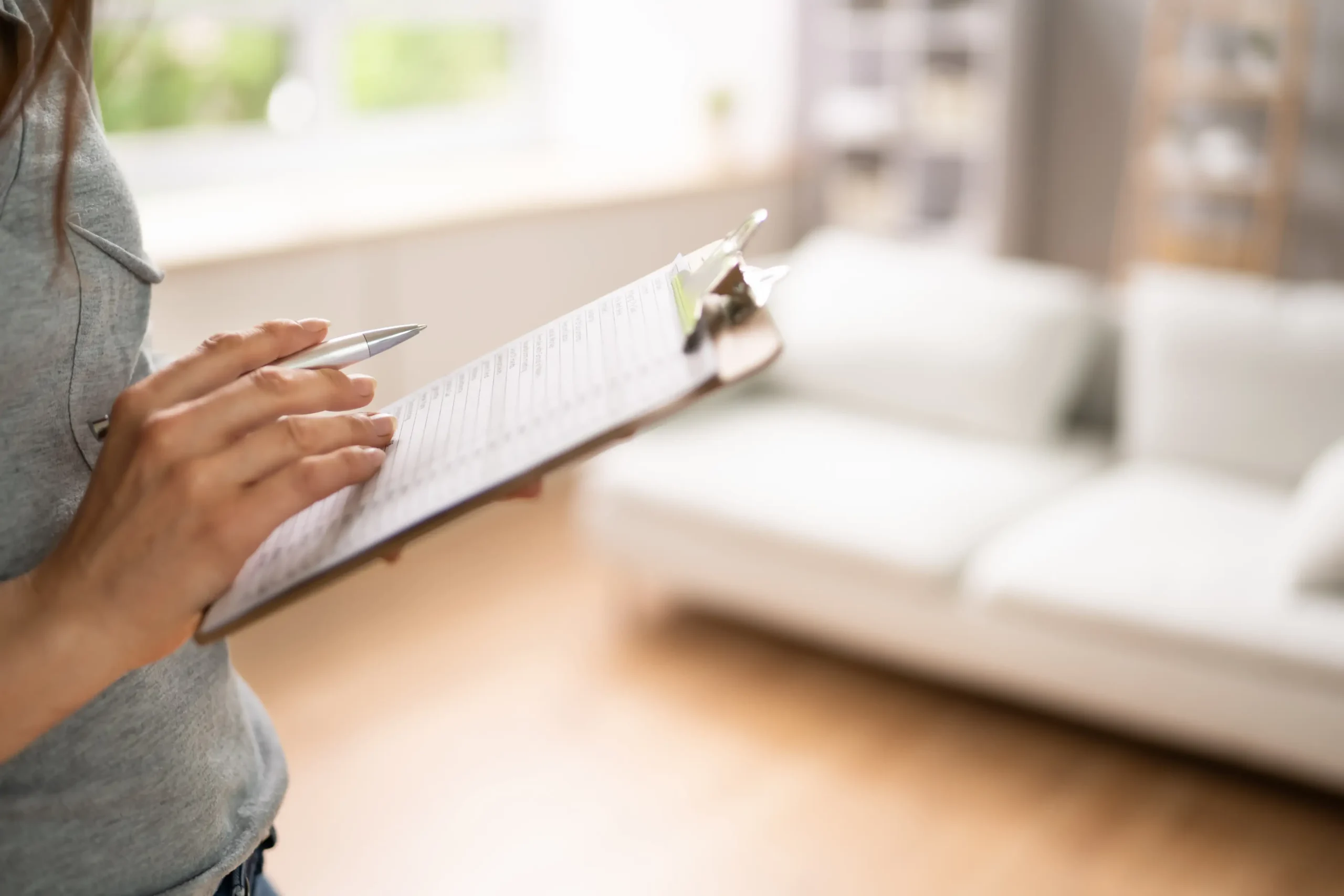 Close-up of a person's hands holding a pen and clipboard, reviewing a seasonal home preparation checklist in a bright living room.