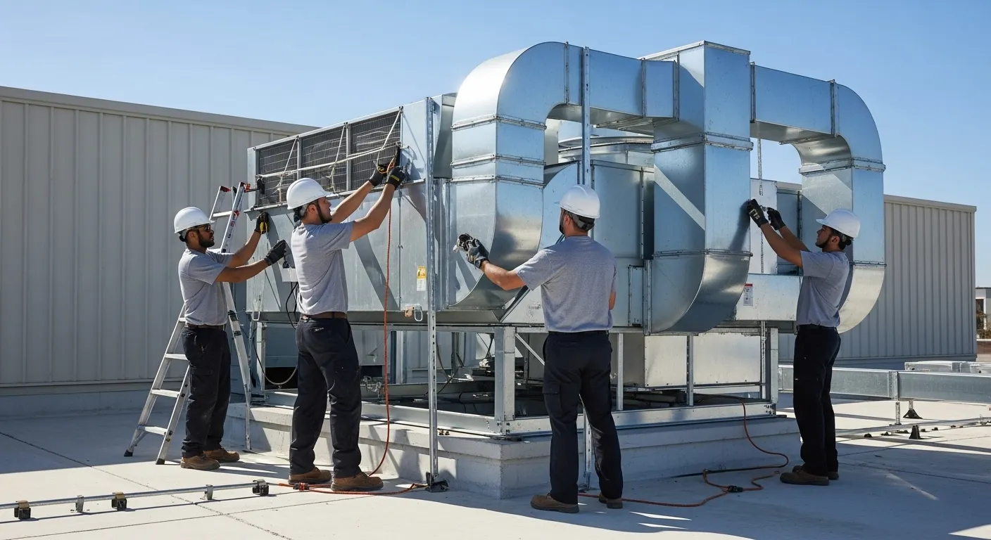 Four workers in hard hats setting up and connecting a large commercial rooftop HVAC unit under a blue sky.