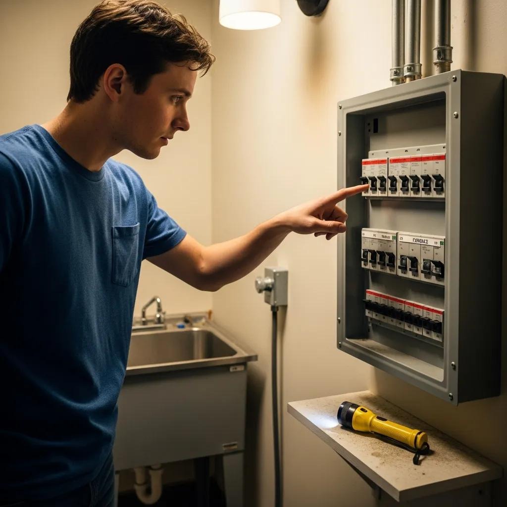 Someone checking a home circuit breaker panel to make sure the furnace circuit hasn't tripped