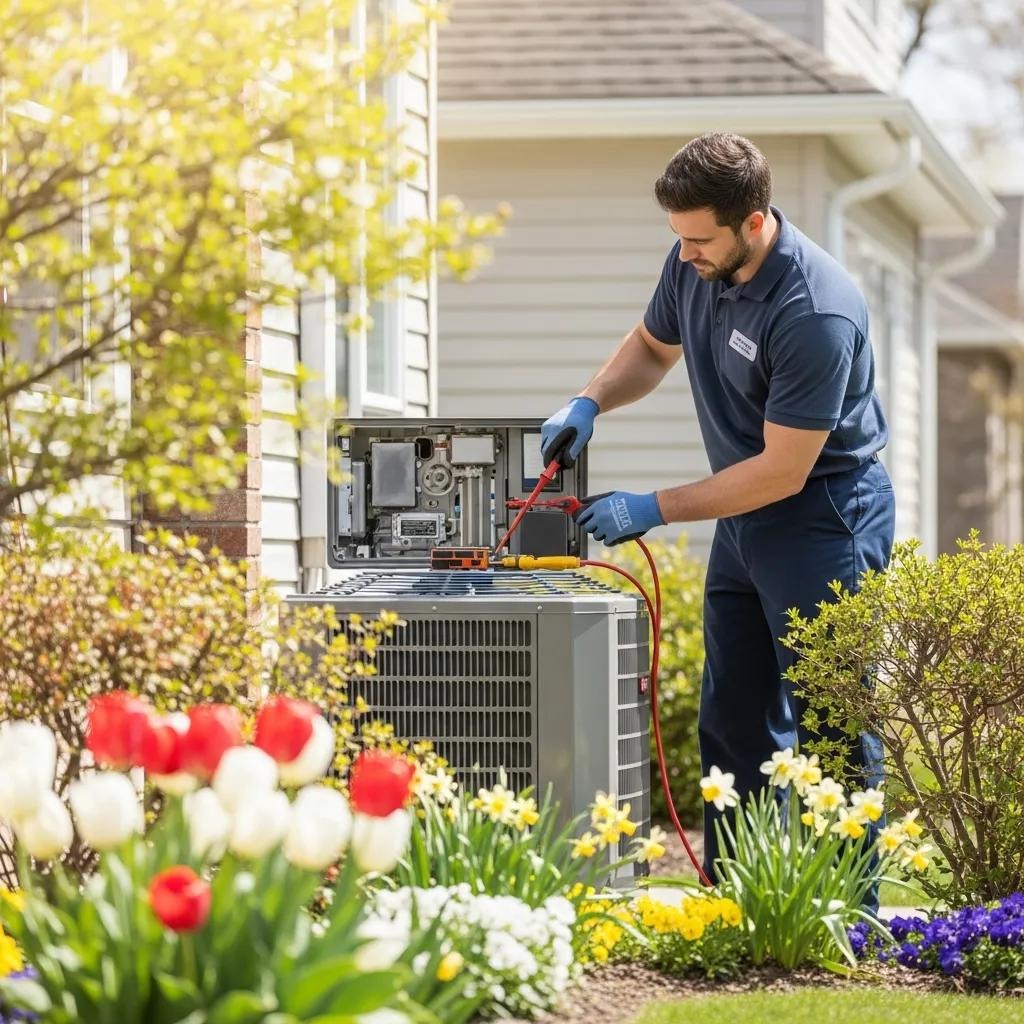 Technician performing spring HVAC tune-up on air conditioning unit surrounded by spring flowers