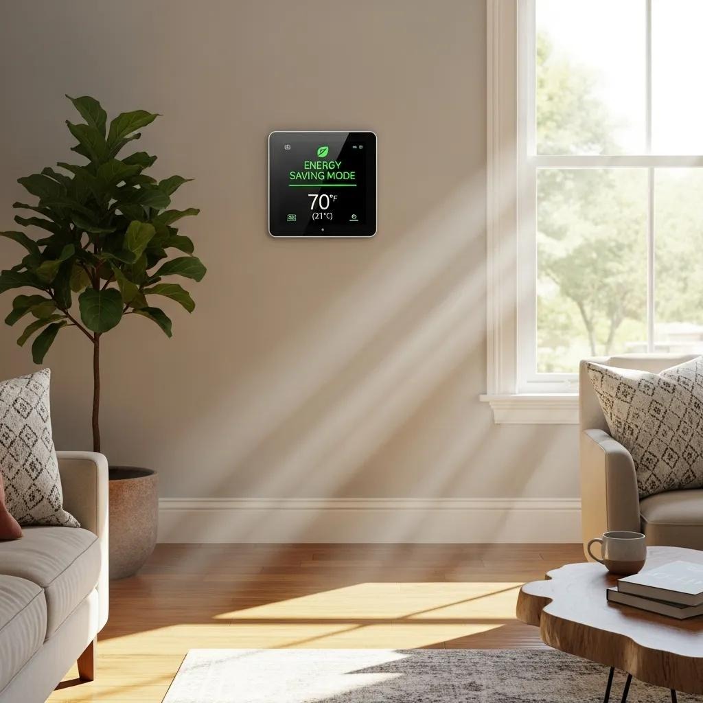 Modern smart thermostat in a stylish living room showcasing energy-saving features