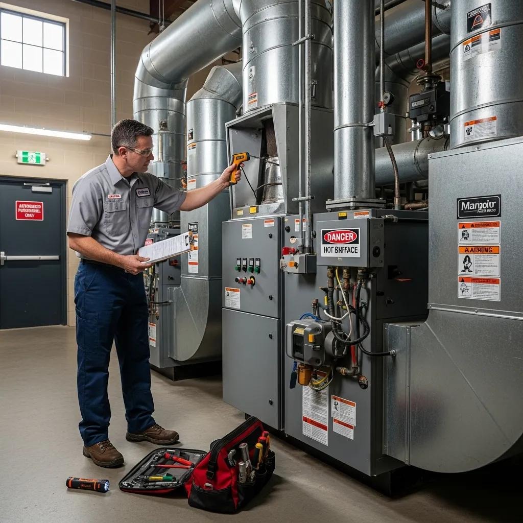 Licensed HVAC inspector examining heating system in a commercial building