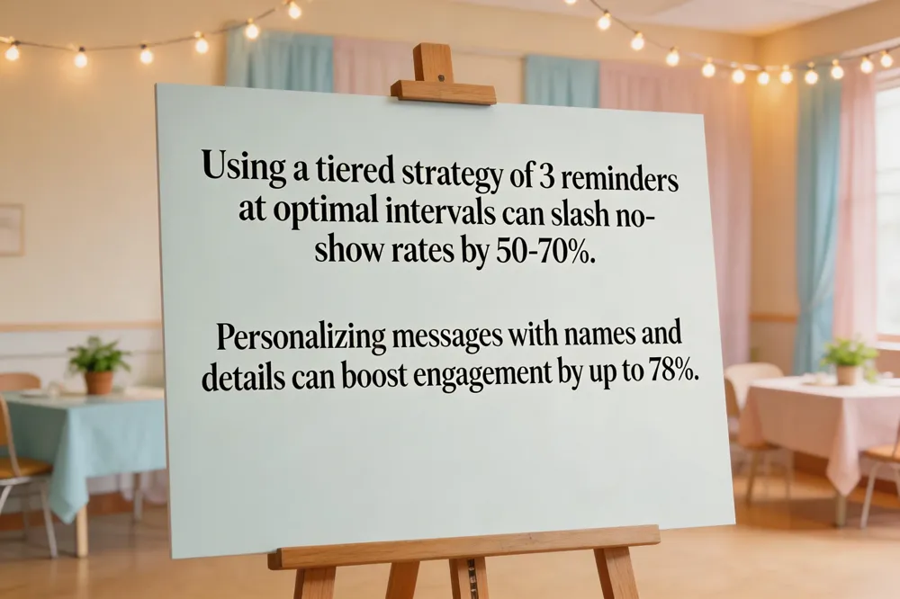Using a tiered strategy of 3 reminders at optimal intervals can slash no-show rates by 50-70%. Personalizing messages with names and details can boost engagement by up to 78%.