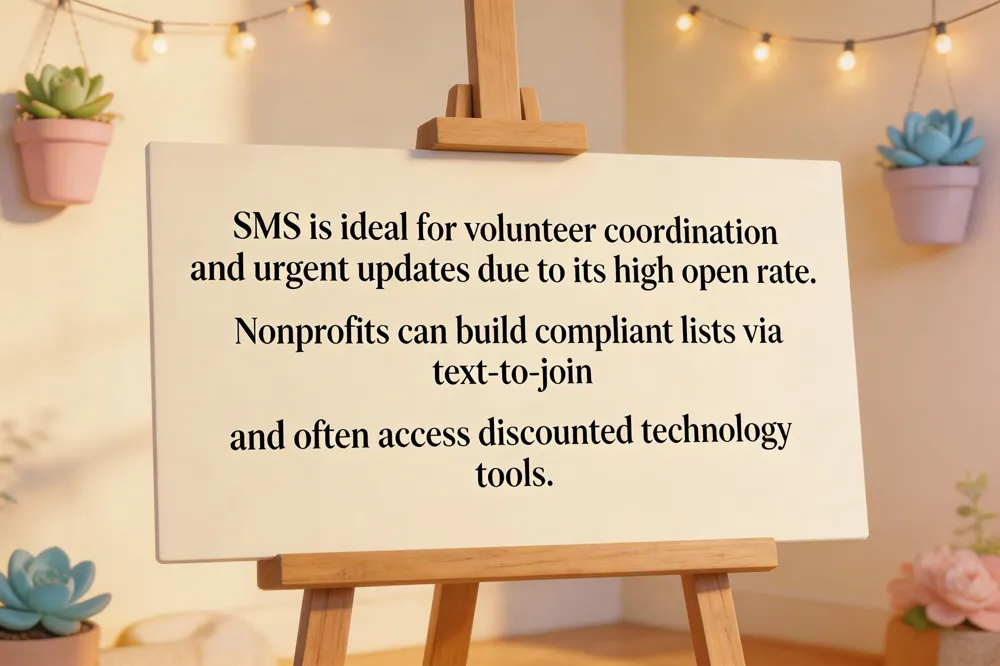 SMS is ideal for volunteer coordination and urgent updates due to its high open rate. Nonprofits can build compliant lists via text-to-join and often access discounted technology tools.
