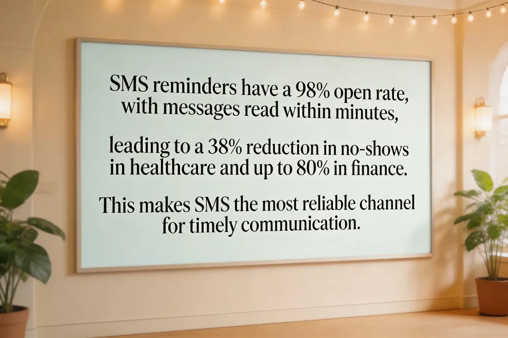 SMS reminders have a 98% open rate, with messages read within minutes, leading to a 38% reduction in no-shows in healthcare and up to 80% in finance. This makes SMS the most reliable channel for timely communication.