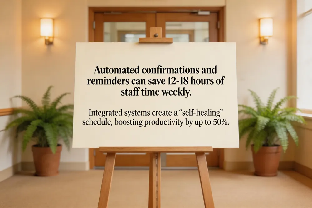 Automated confirmations and reminders can save 12-18 hours of staff time weekly. Integrated systems create a 'self-healing' schedule, boosting productivity by up to 50%.