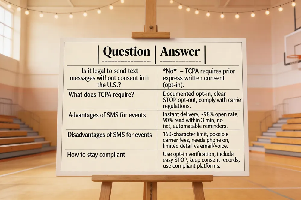 | Question | Answer |
|----------|--------|
| Is it legal to send text messages without consent in the U.S.? | No – TCPA requires prior express written consent (opt‑in). |
| What does TCPA require? | Documented opt‑in, clear STOP opt‑out, and compliance with carrier regulations. |
| Advantages of SMS for events | Instant delivery, ~98% open rate, 90% read within 3 min, works without internet, automatable reminders. |
| Disadvantages of SMS for events | 160‑character limit, possible carrier fees, requires phone on, limited detail vs. email/voice. |
| How to stay compliant | Use opt‑in verification, include easy STOP, keep records of consent, and use compliant platforms. |