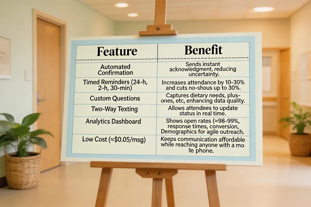 | Feature | Benefit |
|---------|---------|
| Automated Confirmation | Sends instant acknowledgment, reducing uncertainty. |
| Timed Reminders (24‑h, 2‑h, 30‑min) | Increases attendance by 10‑30% and cuts no‑shows up to 30%. |
| Custom Questions | Captures dietary needs, plus‑ones, etc., enhancing data quality. |
| Two‑Way Texting | Allows attendees to update status in real time. |
| Analytics Dashboard | Shows open rates (≈98‑99%), response times, conversion, demographics for agile outreach. |
| Low Cost (≈$0.05/msg) | Keeps communication affordable while reaching anyone with a mobile phone. |