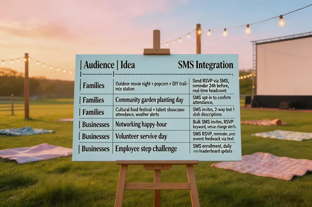 | Audience | Idea | SMS Integration |
|----------|------|-----------------|
| Families | Outdoor movie night + popcorn + DIY trail‑mix station | Send RSVP via SMS, reminder 24 h before, real‑time headcount at door. |
| Families | Community garden planting day with kid‑friendly projects | SMS opt‑in to confirm attendance, send weather alerts. |
| Families | Cultural food festival with talent showcase | SMS invites, collect dish descriptions via two‑way texting. |
| Businesses | Themed networking happy‑hour with interest tables | Bulk SMS invites, RSVP keyword, send last‑minute venue changes. |
| Businesses | Community service day volunteer event | SMS RSVP, send reminder, capture post‑event feedback via text. |
| Businesses | Employee wellness challenge (step count) | SMS enrollment, daily motivation texts, instant leaderboard updates. |