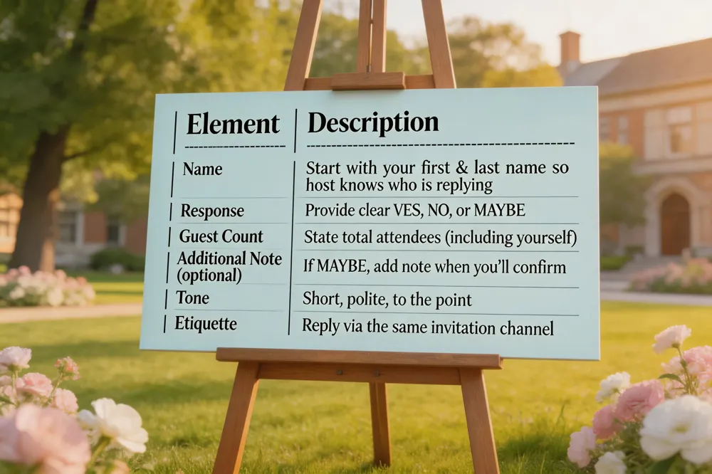 | Element | Description |
|---------|-------------|
| Name | Start the message with your first and last name so the host knows who is replying. |
| Response | Provide a clear YES, NO, or MAYBE. |
| Guest Count | State the total number of attendees (including yourself). |
| Additional Note (optional) | If “MAYBE”, add a brief note about when you’ll confirm. |
| Tone | Keep it short, polite, and to the point. |
| Etiquette | Reply via the same channel the invitation came from and include all required info. |