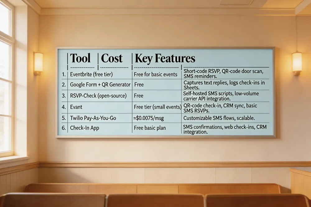 | Tool | Cost | Key Features |
|------|------|--------------|
| Eventbrite (free tier) | Free for basic events | Short‑code RSVP, QR‑code door scan, SMS reminders. |
| Google Form + QR Generator | Free | Captures text replies, logs check‑ins in Sheets. |
| RSVP‑Check (open‑source) | Free | Self‑hosted SMS scripts, low‑volume carrier API integration. |
| Evant | Free tier (small events) | QR‑code check‑in, CRM sync, basic SMS RSVPs. |
| Twilio Pay‑As‑You‑Go | Pay per message (≈$0.0075/msg) | Customizable SMS flows, scalable. |
| Check‑In App | Free basic plan | SMS confirmations, web check‑ins, CRM integration. |