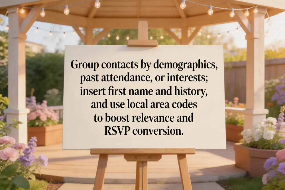 Group contacts by demographics, past attendance, or interests; insert first name and history, and use local area codes to boost relevance and RSVP conversion.