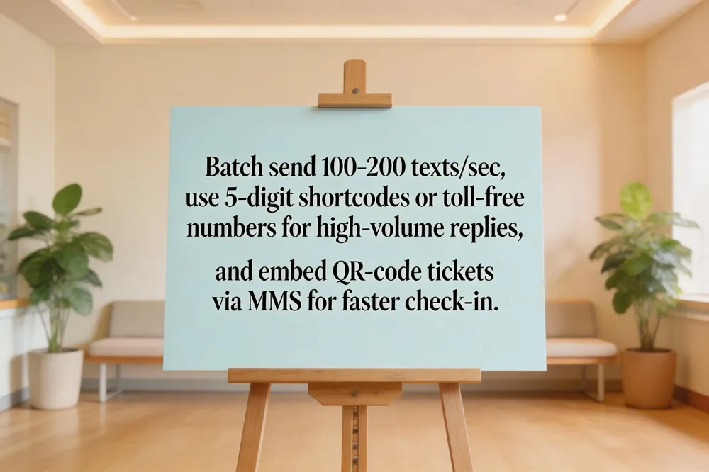 Batch send 100‑200 texts/sec, use 5‑digit shortcodes or toll‑free numbers for high‑volume replies, and embed QR‑code tickets via MMS for faster check‑in.