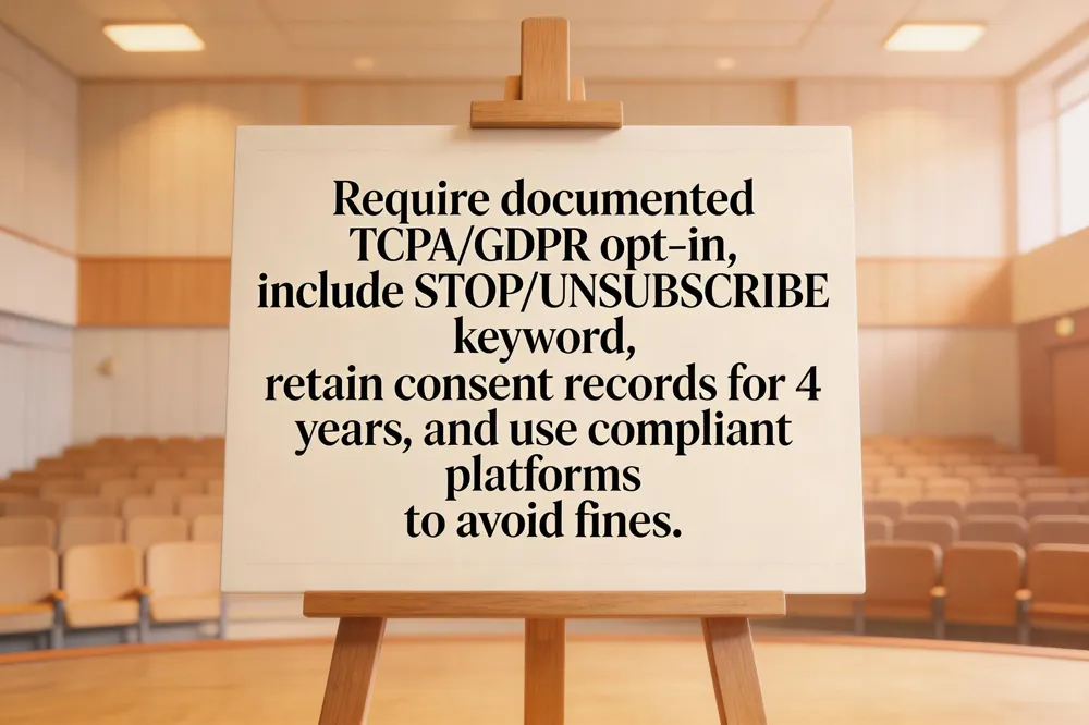 Require documented TCPA/GDPR opt‑in, include STOP/UNSUBSCRIBE keyword, retain consent records for 4 years, and use compliant platforms to avoid fines.
