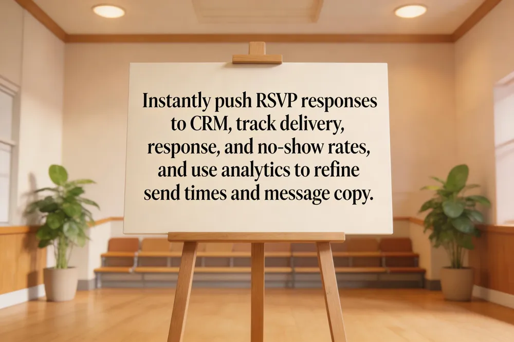 Instantly push RSVP responses to CRM, track delivery, response, and no‑show rates, and use analytics to refine send times and message copy.