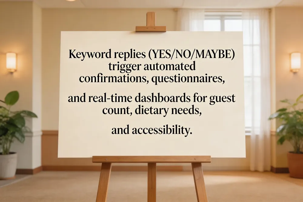 Keyword replies (YES/NO/MAYBE) trigger automated confirmations, questionnaires, and real‑time dashboards for guest count, dietary needs, and accessibility.