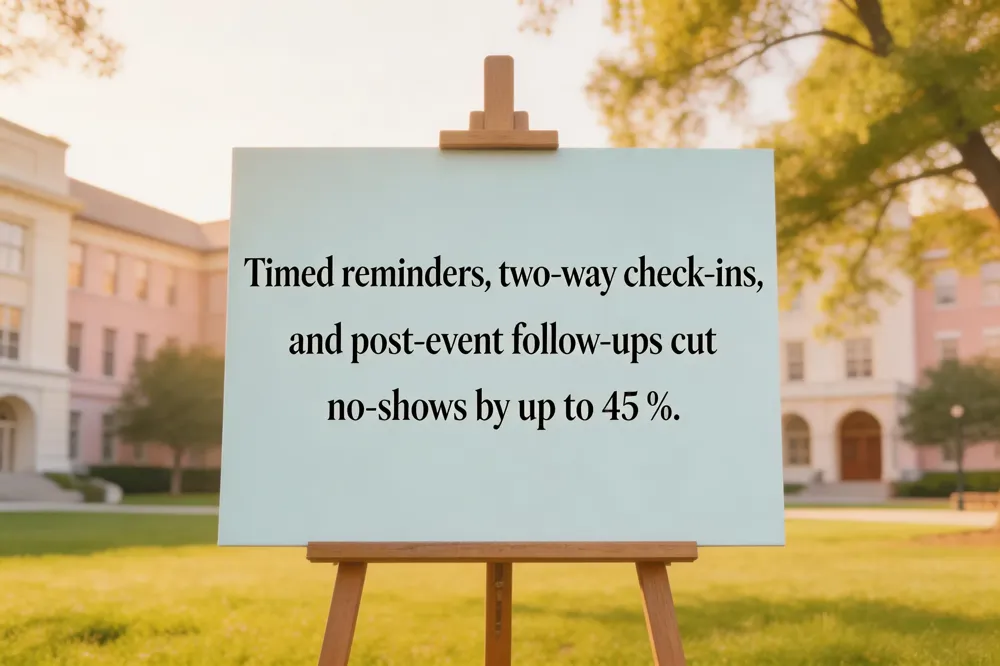 Timed reminders, two‑way check‑ins, and post‑event follow‑ups cut no‑shows by up to 45 %.