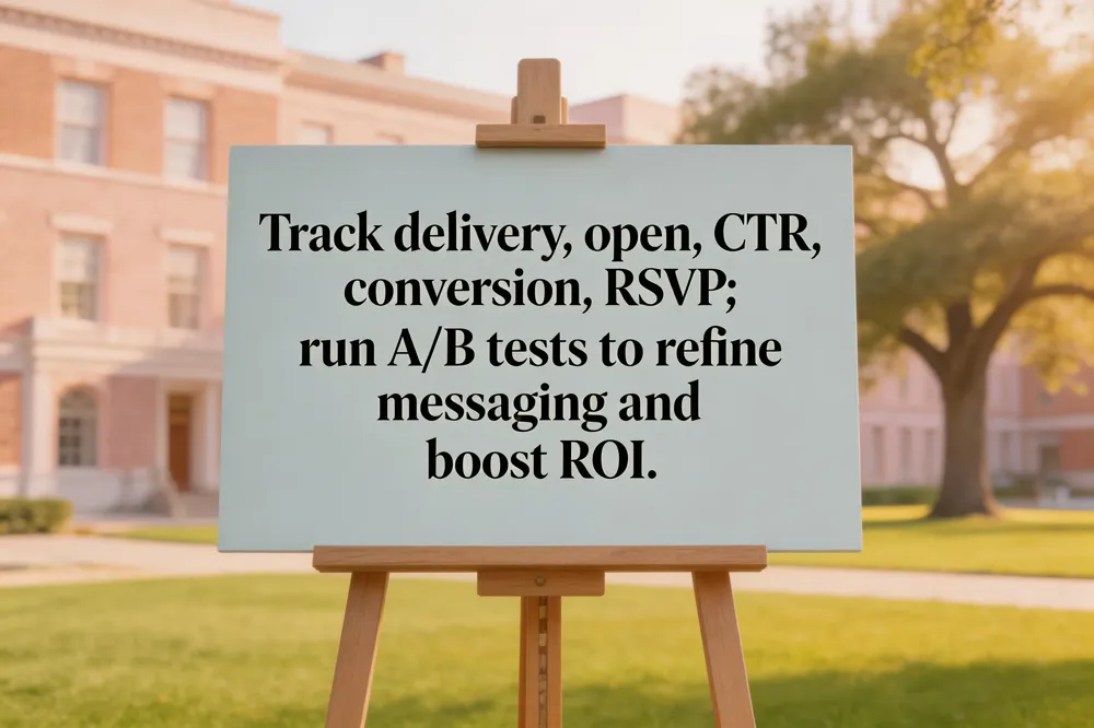 Track delivery, open, CTR, conversion, RSVP; run A/B tests to refine messaging and boost ROI.