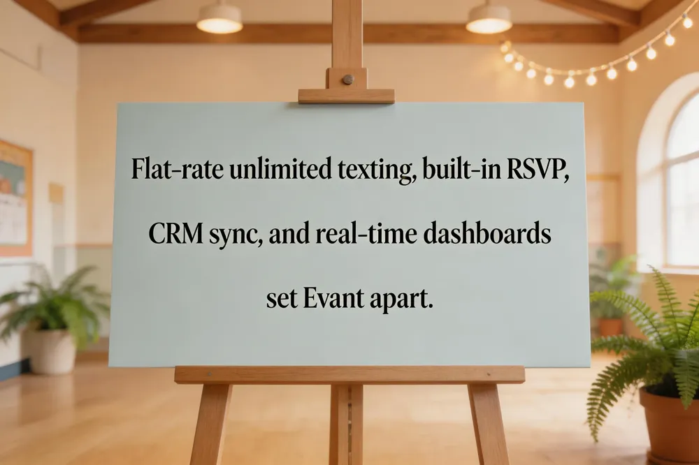 Flat‑rate unlimited texting, built‑in RSVP, CRM sync, and real‑time dashboards set Evant apart.