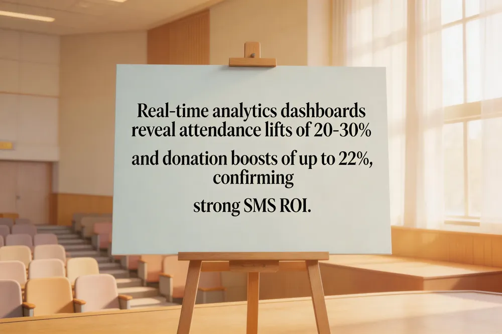 Real‑time analytics dashboards reveal attendance lifts of 20‑30% and donation boosts of up to 22%, confirming strong SMS ROI.