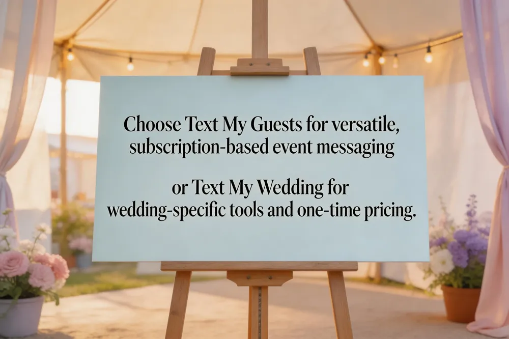Choose Text My Guests for versatile, subscription‑based event messaging or Text My Wedding for wedding‑specific tools and one‑time pricing.