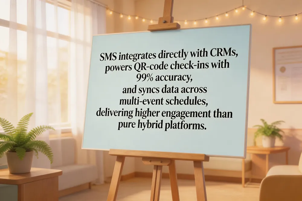 SMS integrates directly with CRMs, powers QR‑code check‑ins with 99% accuracy, and syncs data across multi‑event schedules, delivering higher engagement than pure hybrid platforms.