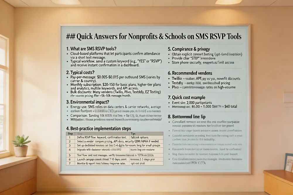 Quick answers to common queries about SMS RSVP tools, costs, environmental impact, and best‑practice implementation for nonprofits and schools.