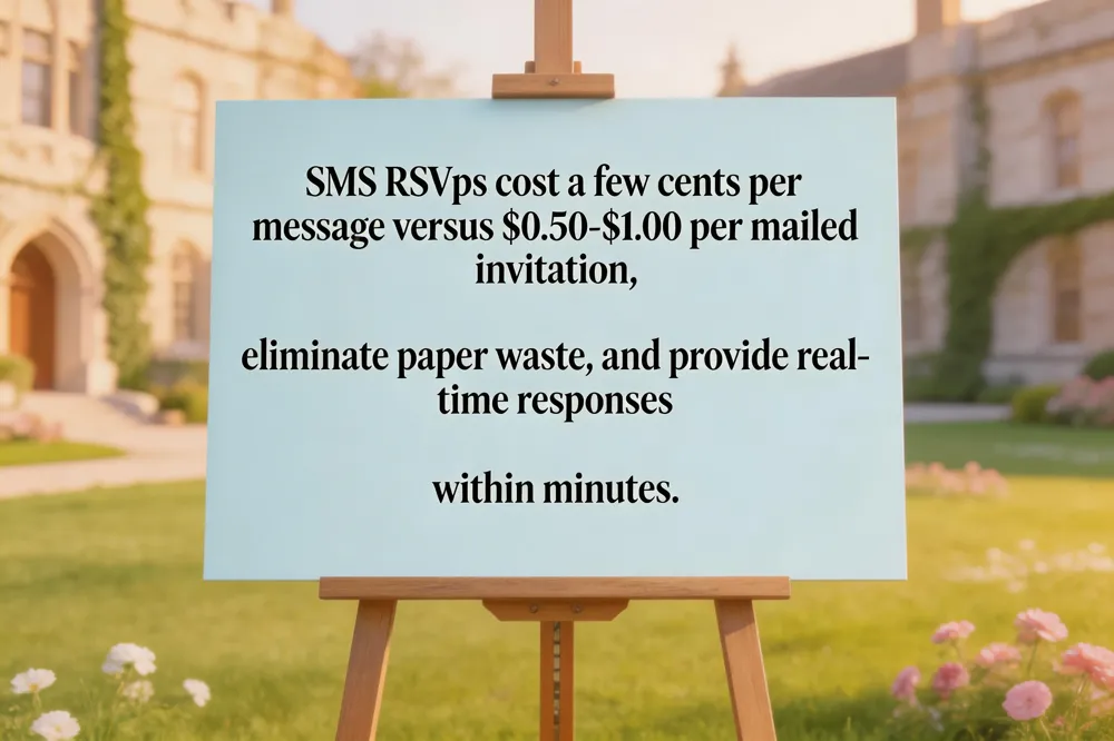 SMS RSVPs cost a few cents per message versus $0.50‑$1.00 per mailed invitation, eliminate paper waste, and provide real‑time responses within minutes.