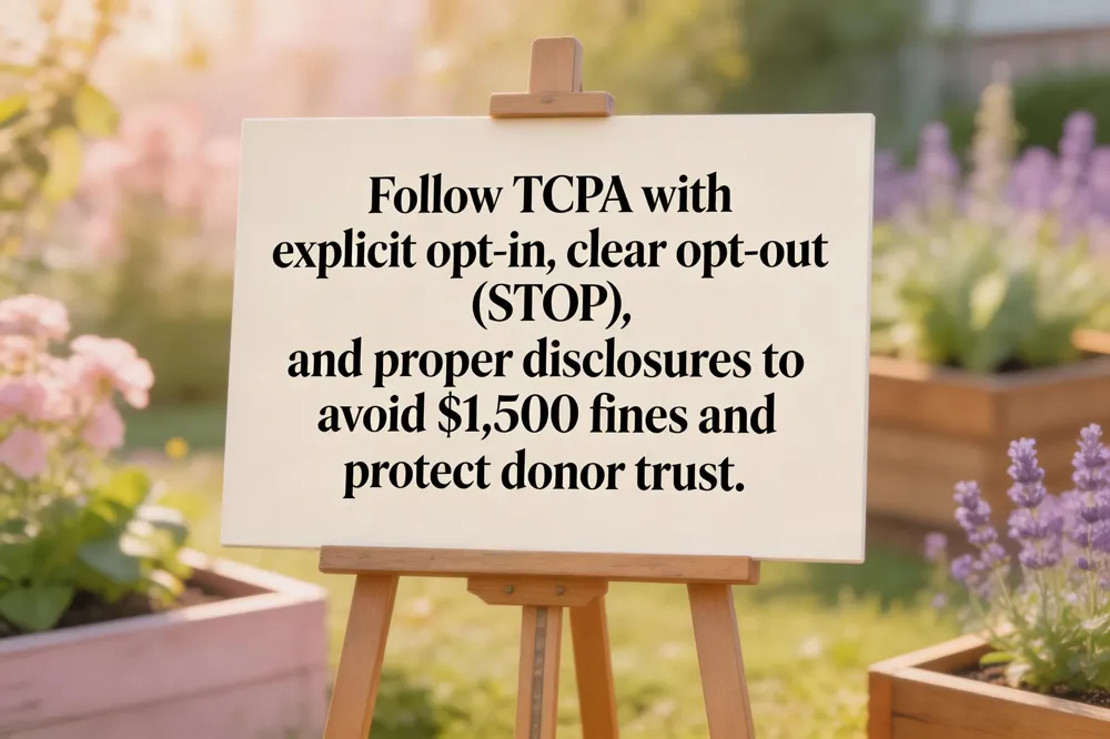 Follow TCPA with explicit opt‑in, clear opt‑out (STOP), and proper disclosures to avoid $1,500 fines and protect donor trust.
