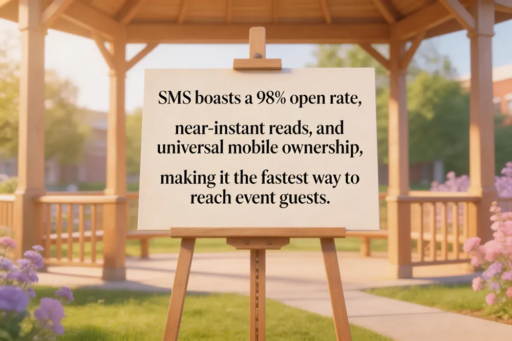 SMS boasts a 98% open rate, near‑instant reads, and universal mobile ownership, making it the fastest way to reach event guests.