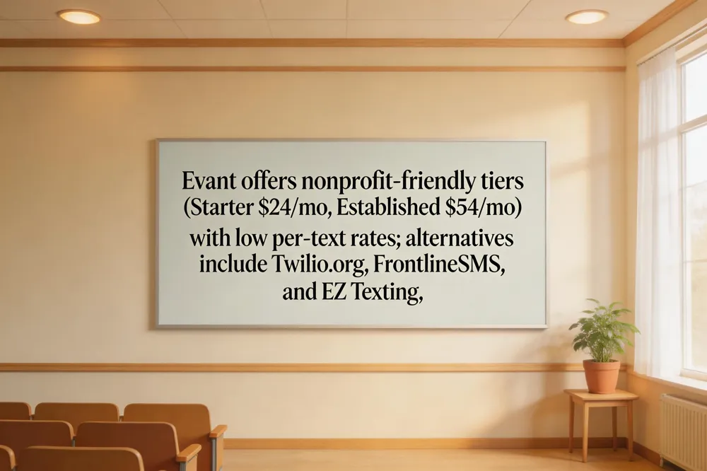 Evant offers nonprofit‑friendly tiers (Starter $24/mo, Established $54/mo) with low per‑text rates; alternatives include Twilio.org, FrontlineSMS, and EZ Texting.