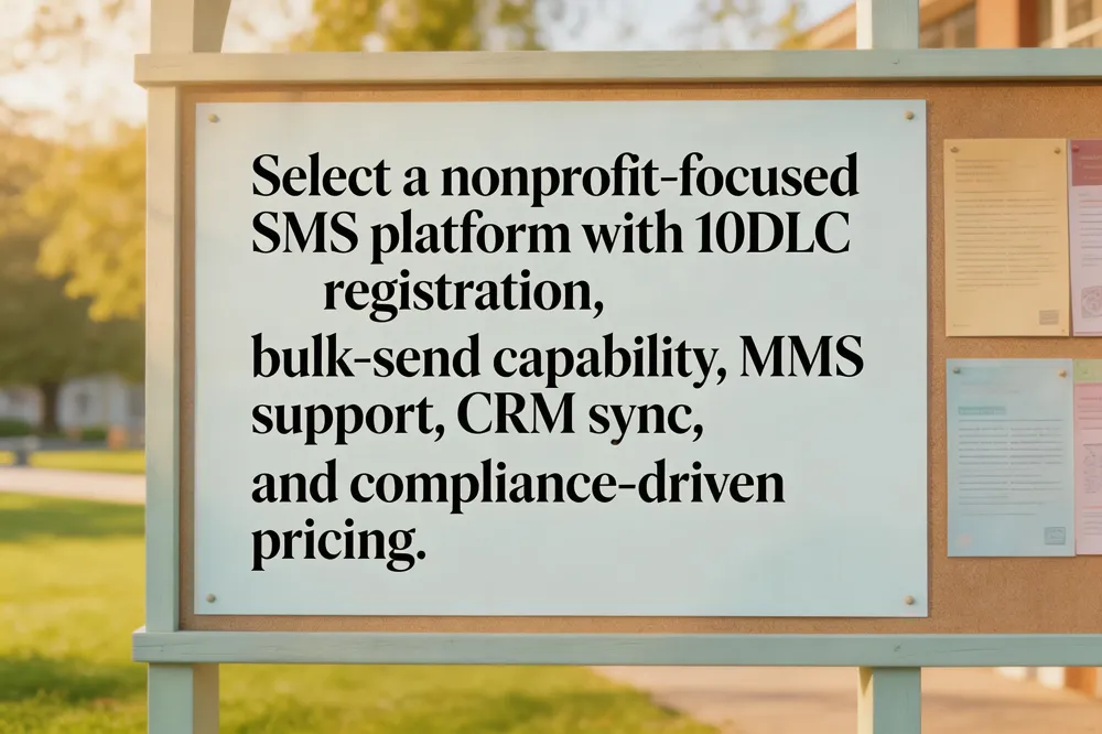 Select a nonprofit‑focused SMS platform with 10DLC registration, bulk‑send capability, MMS support, CRM sync, and compliance‑driven pricing.