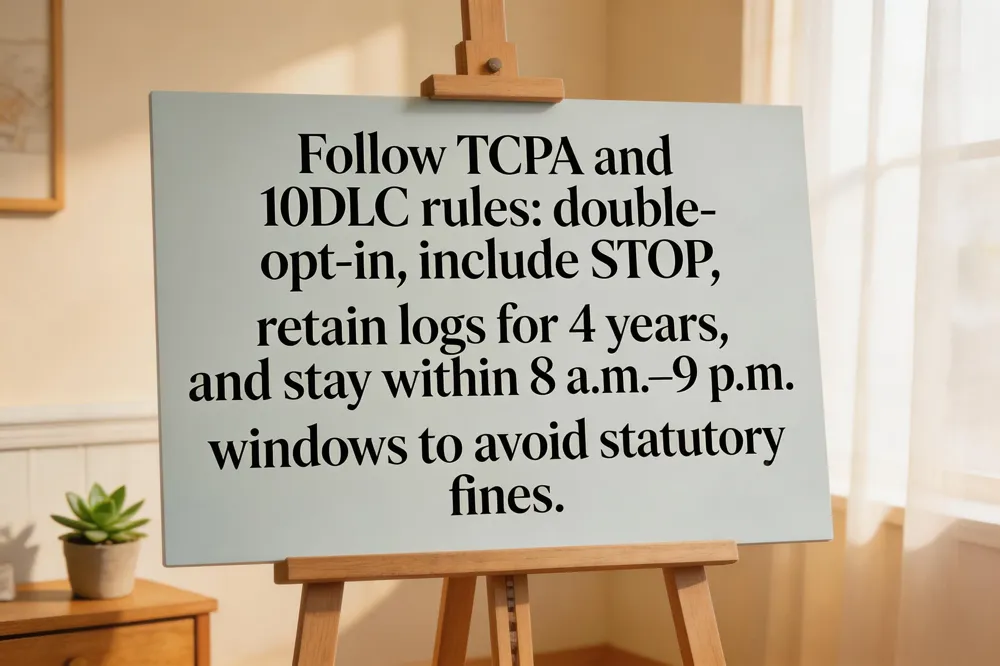 Follow TCPA and 10DLC rules: double‑opt‑in, include STOP, retain logs for 4 years, and stay within 8 a.m.–9 p.m. windows to avoid statutory fines.