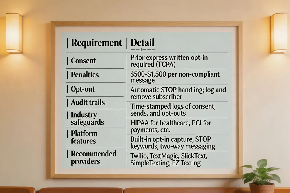 | Requirement | Detail |
|---|---|
| Consent | Prior express written opt‑in required (TCPA) |
| Penalties | $500‑$1,500 per non‑compliant message |
| Opt‑out | Automatic STOP handling; log and remove subscriber |
| Audit trails | Time‑stamped logs of consent, sends, and opt‑outs |
| Industry safeguards | HIPAA for healthcare, PCI for payments, etc. |
| Platform features | Built‑in opt‑in capture, STOP keywords, two‑way messaging |
| Recommended providers | Twilio, TextMagic, SlickText, SimpleTexting, EZ Texting |
