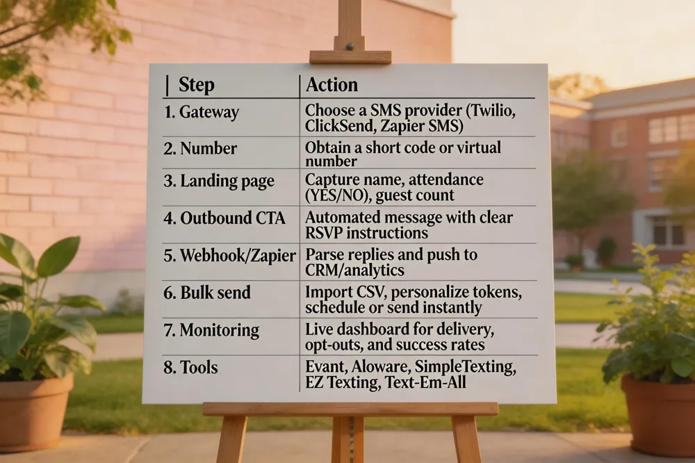 | Step | Action |
|---|---|
| 1. Gateway | Choose a SMS provider (Twilio, ClickSend, Zapier SMS) |
| 2. Number | Obtain a short code or virtual number |
| 3. Landing page | Capture name, attendance (YES/NO), guest count |
| 4. Outbound CTA | Automated message with clear RSVP instructions |
| 5. Webhook/Zapier | Parse replies and push to CRM/analytics |
| 6. Bulk send | Import CSV, personalize tokens, schedule or send instantly |
| 7. Monitoring | Live dashboard for delivery, opt‑outs, and success rates |
| 8. Tools | Evant, Aloware, SimpleTexting, EZ Texting, Text‑Em‑All |
