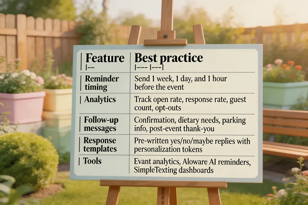 | Feature | Best practice |
|---|---|
| Reminder timing | Send 1 week, 1 day, and 1 hour before the event |
| Analytics | Track open rate, response rate, guest count, opt‑outs |
| Follow‑up messages | Confirmation, dietary needs, parking info, post‑event thank‑you |
| Response templates | Pre‑written yes/no/maybe replies with personalization tokens |
| Tools | Evant analytics, Aloware AI reminders, SimpleTexting dashboards |
