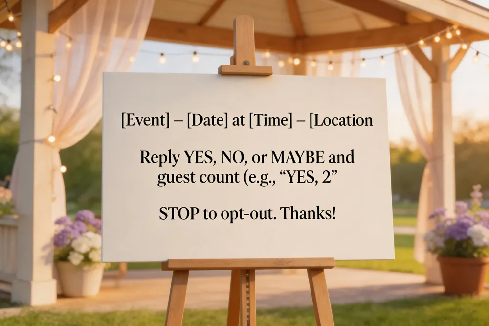 | Component | Recommended Content |
|---|---|
| Greeting | Friendly start (e.g., “Hi [Name]”) |
| Event details | Name, date, time, location in one line |
| RSVP request | Ask for “YES”, “NO”, or “MAYBE” plus guest count |
| Special‑need note | Optional short line for dietary or accessibility requests |
| Deadline | Clear date/time by which a reply is needed |
| Opt‑out | Include “STOP” to unsubscribe |
| Confirmation note | Thank‑you line and promise of follow‑up |
| Example template | "[Event] – [Date] at [Time] – [Location]. Reply YES, NO, or MAYBE and guest count (e.g., “YES, 2”). STOP to opt‑out. Thanks!" |
