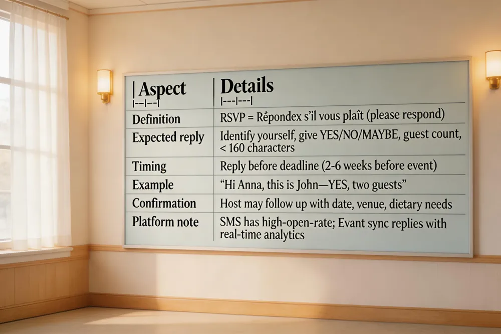 | Aspect | Details |
|---|---|
| Definition | RSVP = Répondez s’il vous plaît (please respond) |
| Expected reply | Identify yourself, give a clear answer (YES/NO/MAYBE), include guest count, keep < 160 characters |
| Timing | Reply before the deadline (typically 2‑6 weeks before the event) |
| Example | "Hi Anna, this is John—YES, two guests" |
| Confirmation | Host may follow up with details (date, venue, dietary needs) |
| Platform note | SMS has a high‑open‑rate; tools like Evant sync replies with real‑time analytics |
