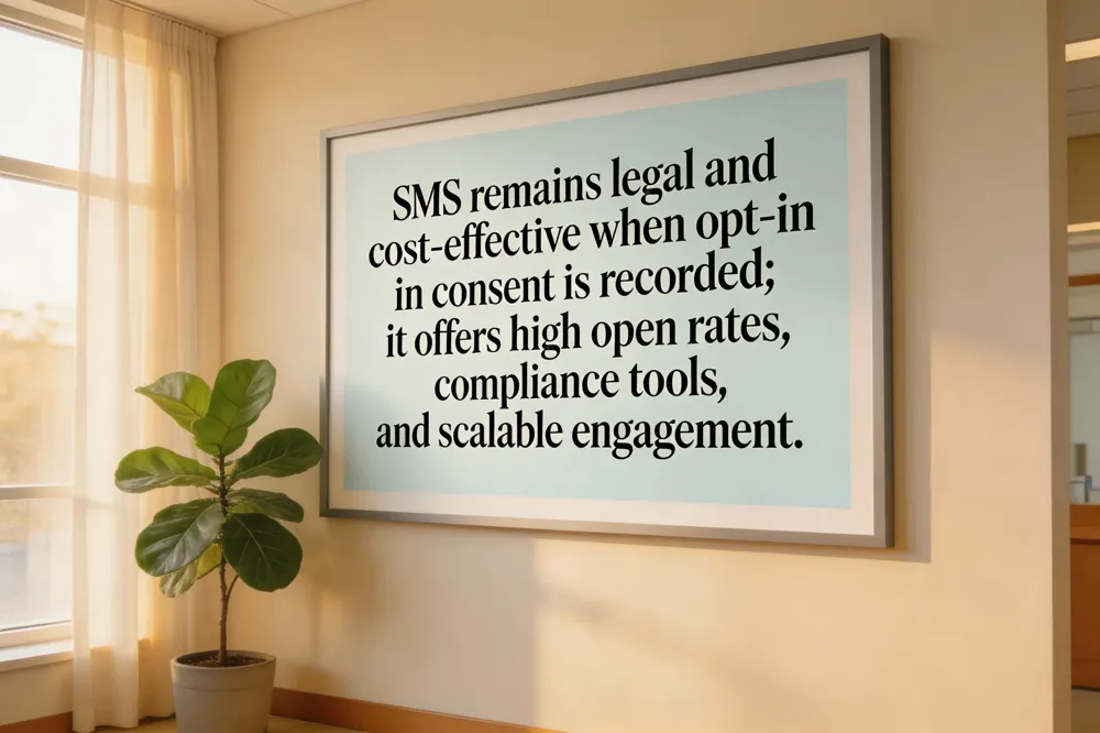 SMS remains legal and cost‑effective when opt‑in consent is recorded; it offers high open rates, compliance tools, and scalable engagement.