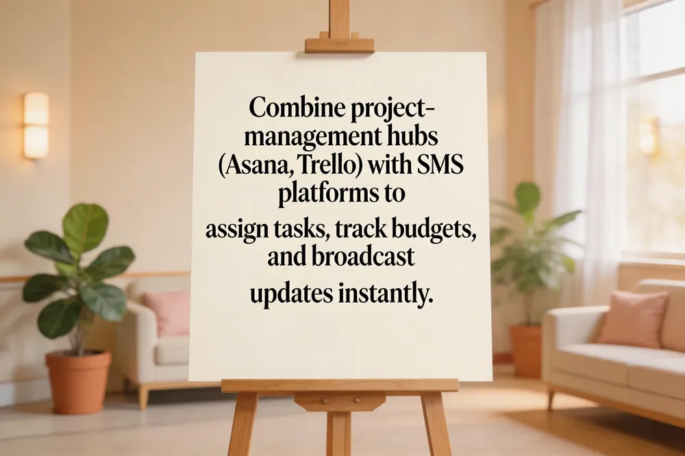 Combine project‑management hubs (Asana, Trello) with SMS platforms to assign tasks, track budgets, and broadcast updates instantly.