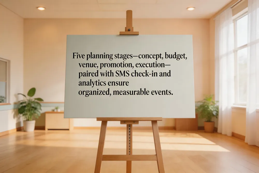 Five planning stages—concept, budget, venue, promotion, execution—paired with SMS check‑in and analytics ensure organized, measurable events.