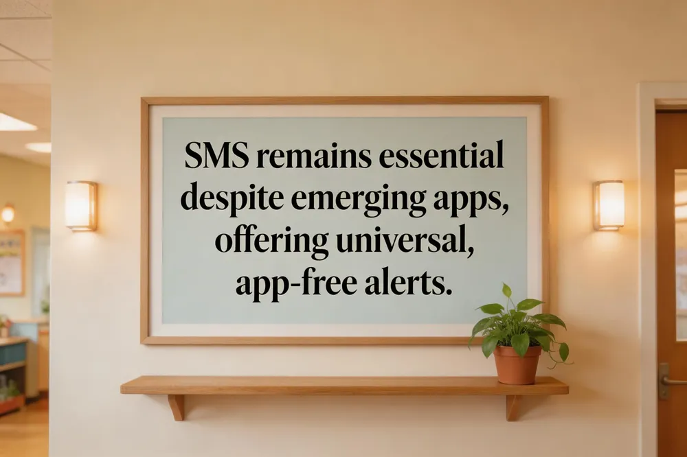 SMS remains essential despite emerging apps, offering universal, app‑free alerts.