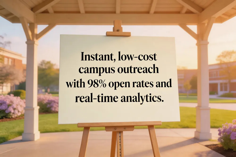 Instant, low‑cost campus outreach with 98% open rates and real‑time analytics.