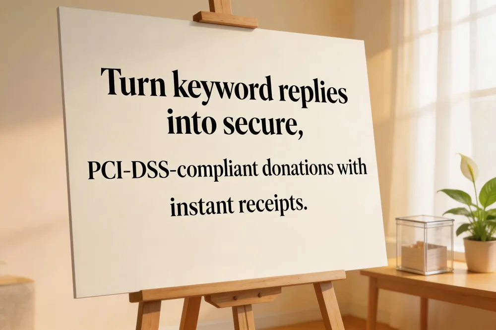 Turn keyword replies into secure, PCI‑DSS‑compliant donations with instant receipts.
