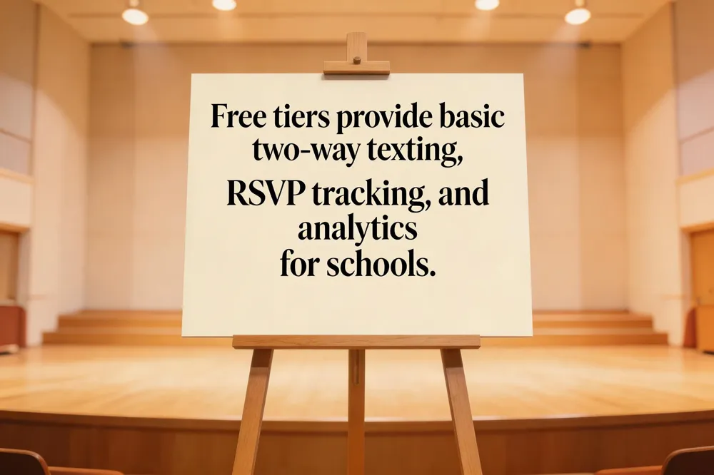 Free tiers provide basic two‑way texting, RSVP tracking, and analytics for schools.